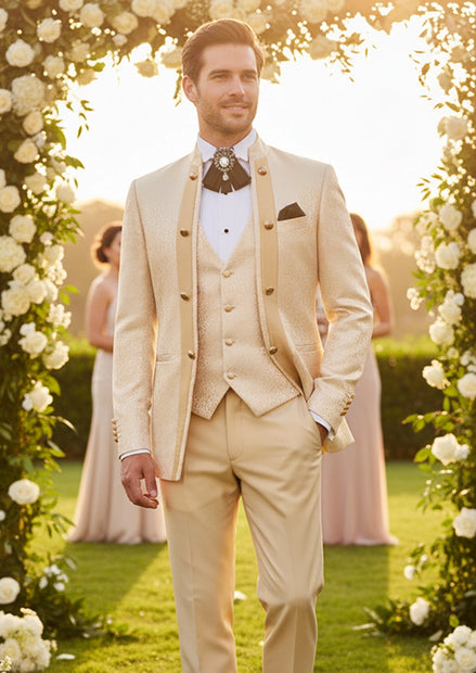 Men's 3-Piece Traditional Collar Champagne Paisley Fitted Party Suit