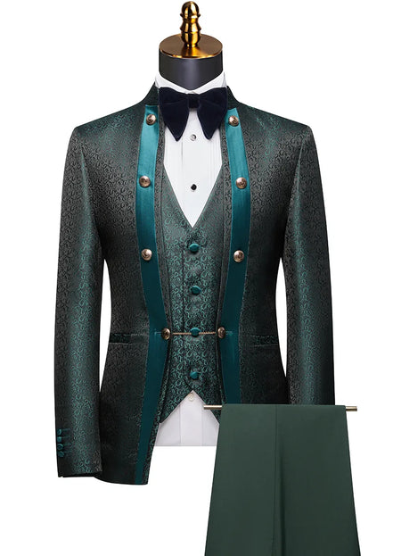 Green textured suit with teal accents on a mannequin against a white background
