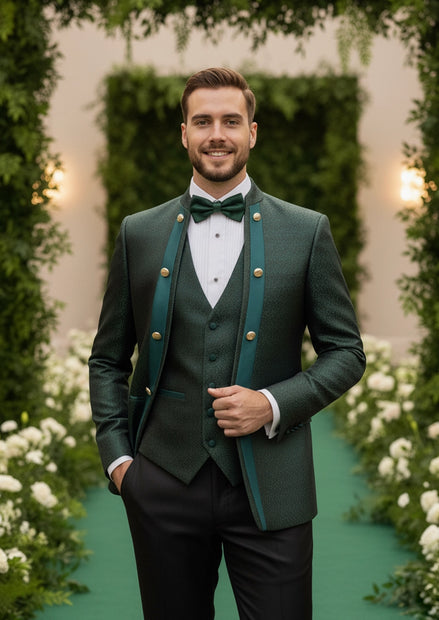Men's 3-Piece Traditional Collar Green Paisley Fitted Party Suit