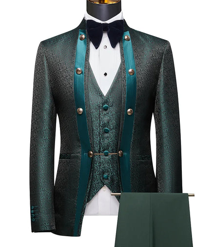 Green textured suit with teal accents on a mannequin against a white background