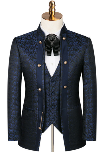 Navy blue patterned suit on a mannequin with a white background