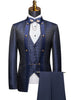 Blue patterned suit with vest and bow tie on a white background