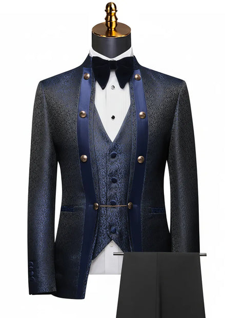 Men's 3-Piece Traditional Collar Navy Paisley Fitted Party Suit