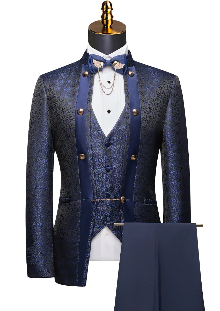 Blue patterned suit with vest and bow tie on a white background