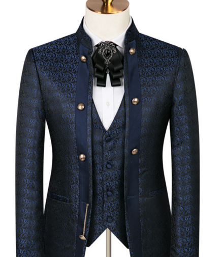 Navy blue patterned suit on a mannequin with a white background