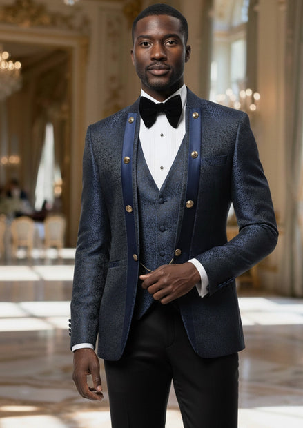 Men's 3-Piece Traditional Collar Navy Paisley Fitted Party Suit