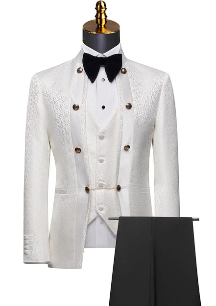 White dinner jacket with black bow tie and vest on a mannequin against a white background