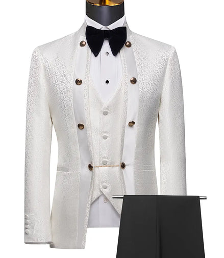 White dinner jacket with black bow tie and vest on a mannequin against a white background