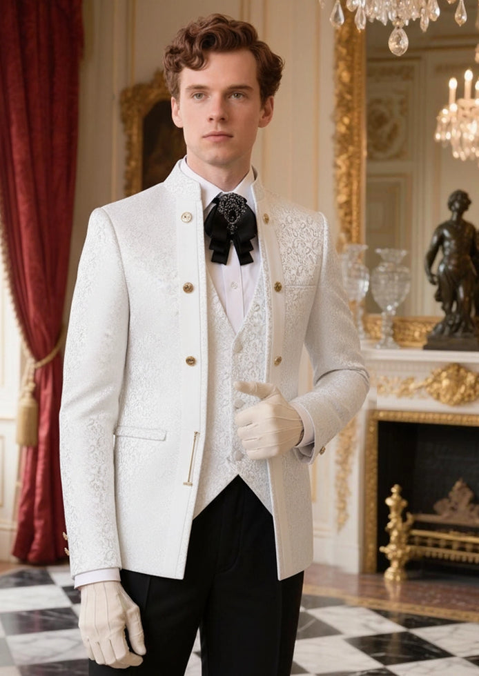 The Imperial Mandarin - Ivory Paisley Mandarin Collar Suit 3-Piece Set | Wedding Groom | Nevo Suits