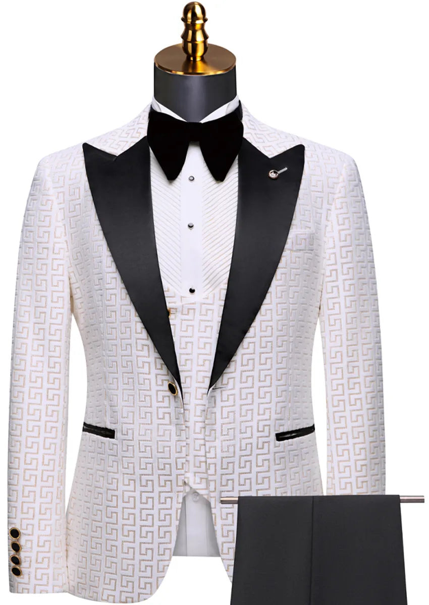 White patterned tuxedo with black lapels on a mannequin against a white background