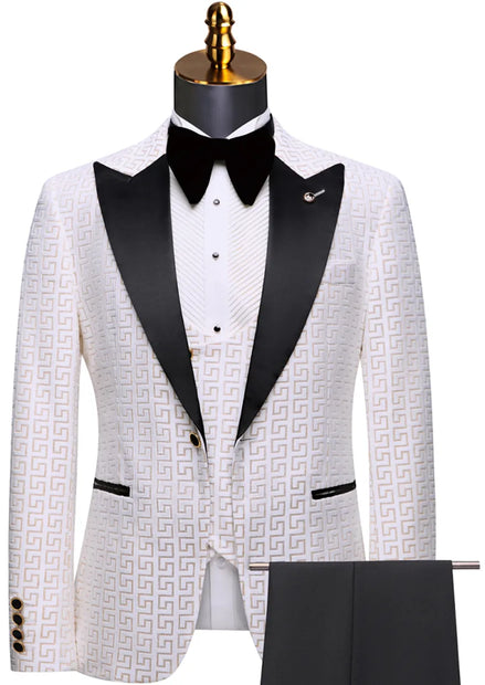 White patterned tuxedo with black lapels on a mannequin against a white background