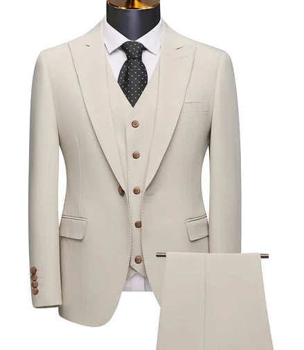Beige suit with a vest and pants on a mannequin against a white background