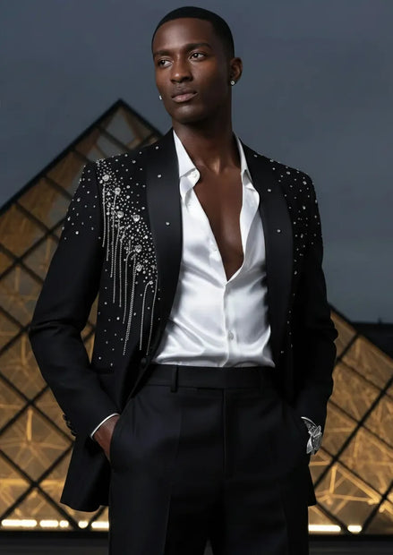 Men’s Rystal Tassel Black Luxury Notched Lapel 2-Piece Set