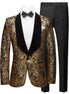 Gold paisley tuxedo jacket with black lapels and bow tie on a white background