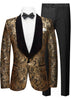 Gold paisley tuxedo jacket with black lapels and bow tie on a white background