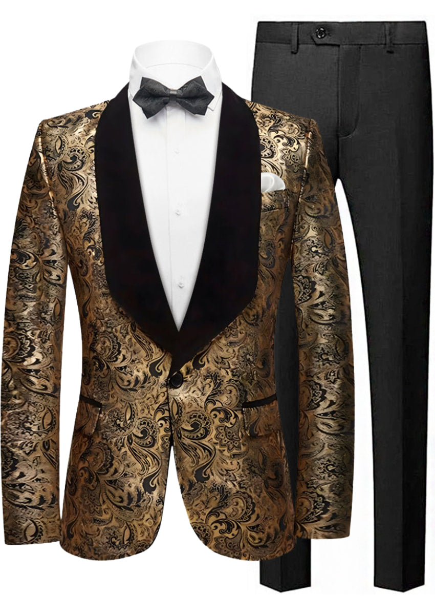 Gold paisley tuxedo jacket with black lapels and bow tie on a white background