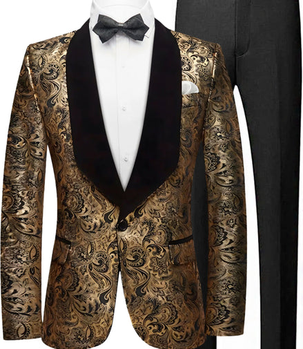 Gold paisley tuxedo jacket with black lapels and bow tie on a white background