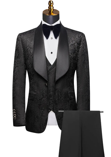 Black tuxedo with bow tie on a mannequin against a white background