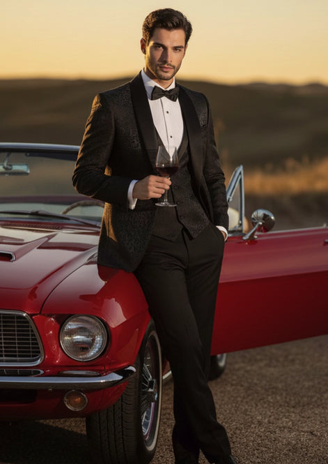 Man wearing The Regal Floral Black jacquard tuxedo with oversized shawl collar for prom - Nevo Suits