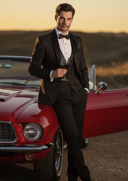 Men’s Luxury Jacquard Notched Lapel Tuxedo 3-piece Suit