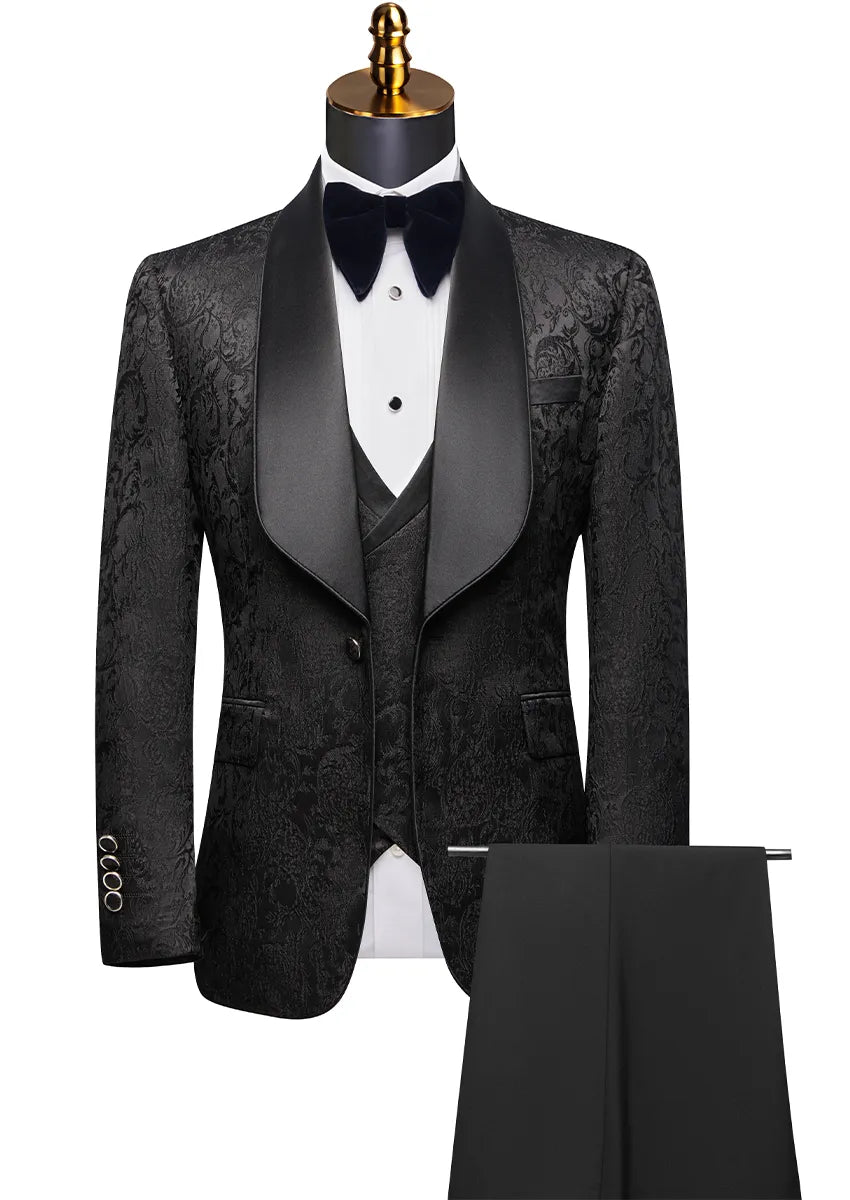 Black tuxedo with bow tie on a mannequin against a white background