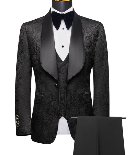 Black tuxedo with bow tie on a mannequin against a white background