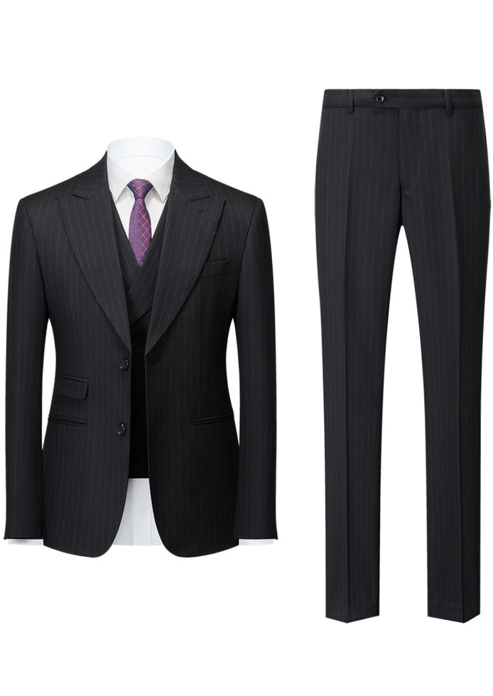 Black pinstripe suit with jacket, vest, and pants on a white background