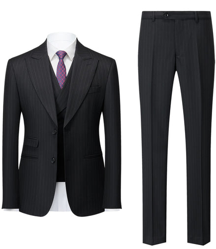 Black pinstripe suit with jacket, vest, and pants on a white background