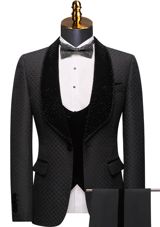 Obsidian Masterpiece - Black Jacquard Velvet Peak Lapel 3-Piece Tuxedo - Nevo Suit™