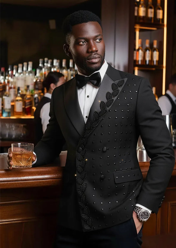 A Man wearing The Obsidian Vine asymmetric beaded black tuxedo for gala - Nevo Suits