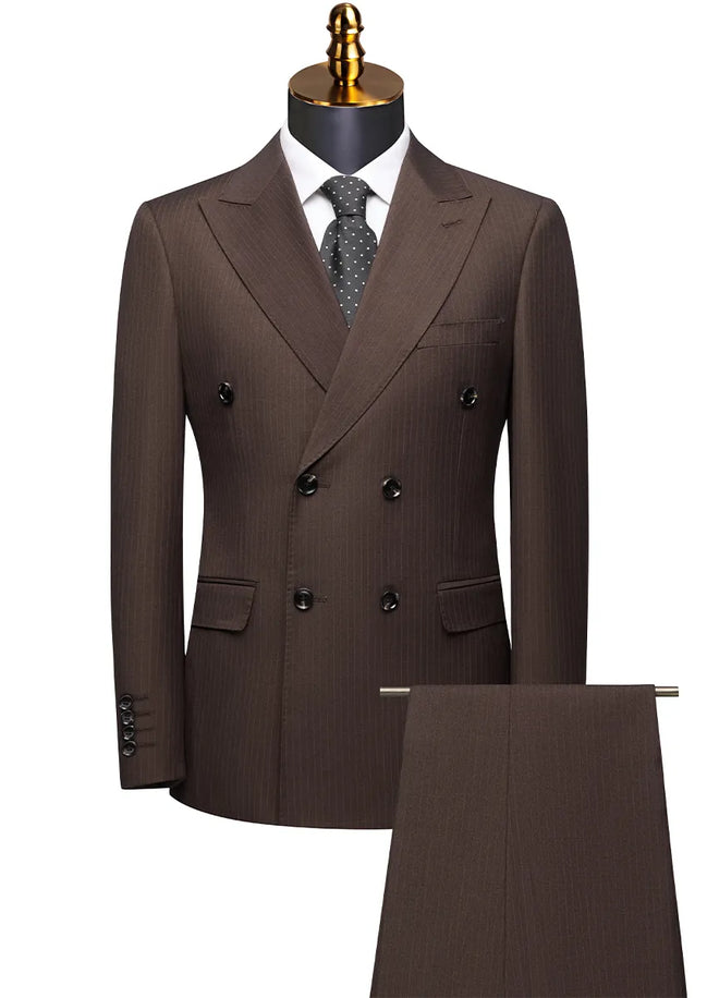 Brown pinstripe suit on a mannequin with a white background