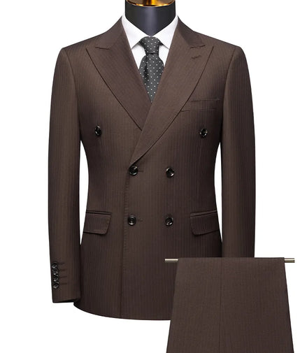 Brown pinstripe suit on a mannequin with a white background