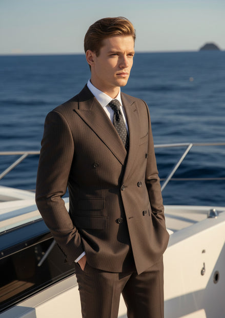 Brown Double-Breasted Striped Suit - Nevo Suits