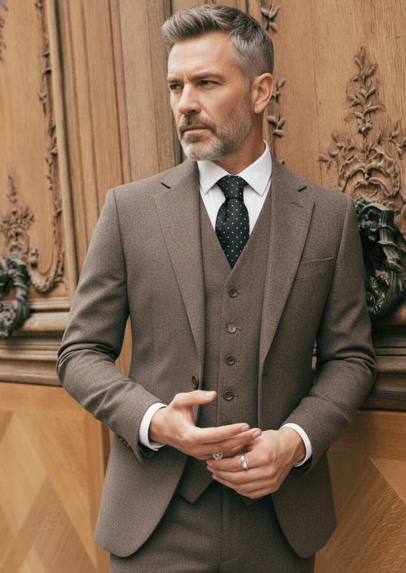 Sandstone Tweed - Coffee Brown Textured 3-Piece Suit - Nevo Suits