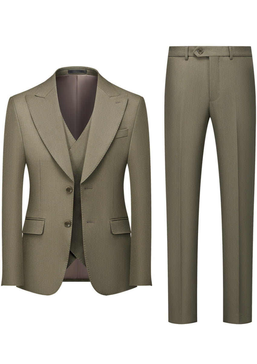 Green suit with jacket, vest, and pants on a white background