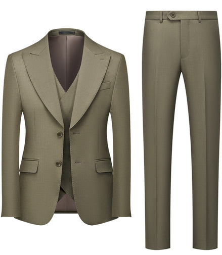 Green suit with jacket, vest, and pants on a white background