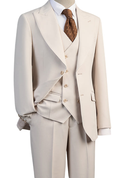 Beige suit with a white shirt and brown tie on a mannequin against a white background