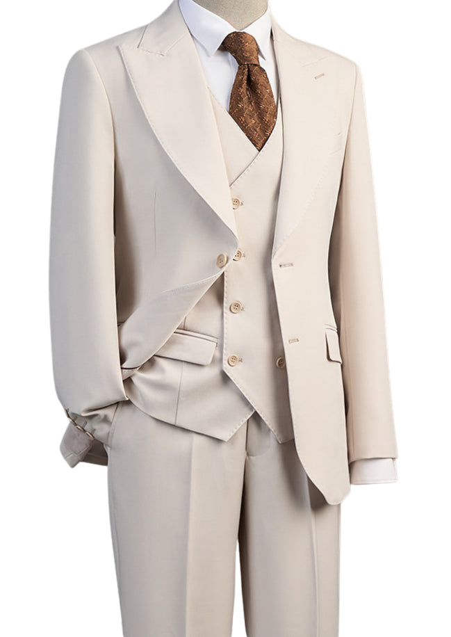 Beige suit with a white shirt and brown tie on a mannequin against a white background