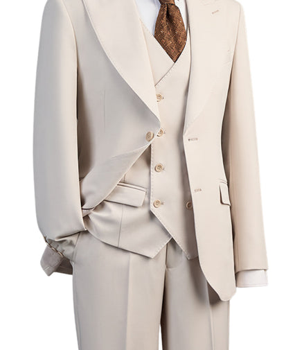 Beige suit with a white shirt and brown tie on a mannequin against a white background
