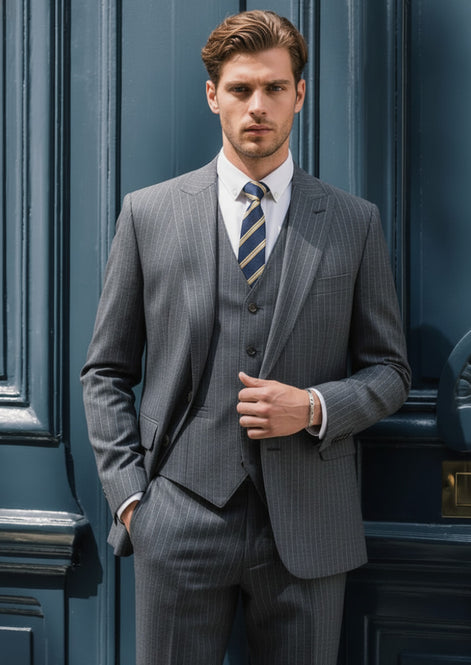Men’s Dark Grey 3-Piece Suit Set with Side Slit