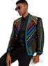 Men's Embroidered Geometric Pattern Blue and Gold Tuxedo