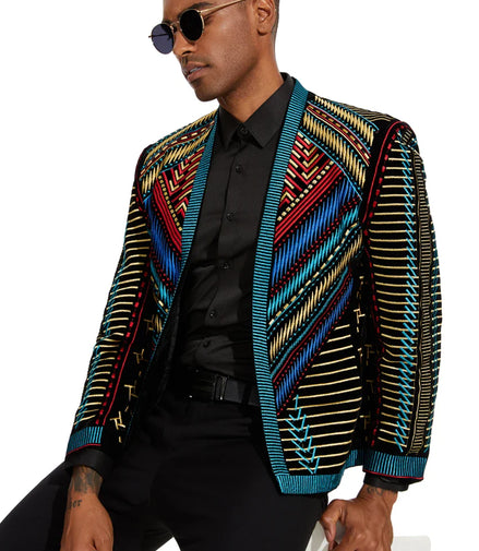 Men's Embroidered Geometric Pattern Blue and Gold Tuxedo