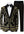 Black and gold patterned tuxedo jacket with matching pants on a mannequin.