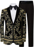 Black and gold patterned tuxedo jacket with matching pants on a white background
