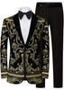 Black and gold patterned tuxedo jacket with matching pants on a white background