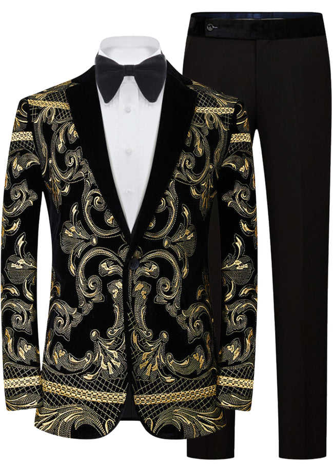 Black and gold patterned tuxedo jacket with matching pants on a white background