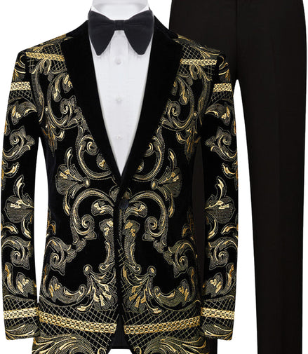 Black and gold patterned tuxedo jacket with matching pants on a white background