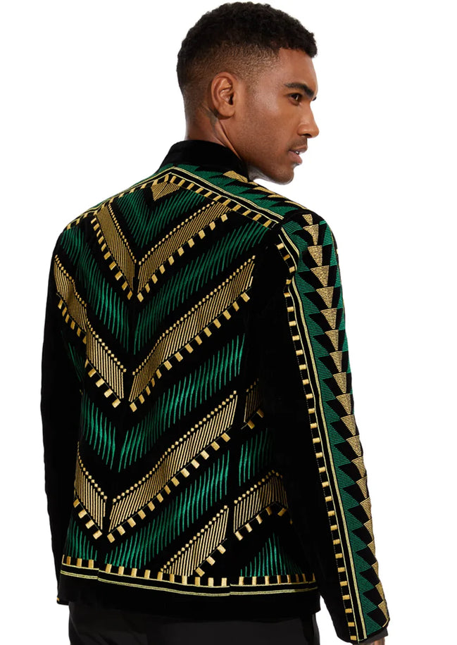 Men's Embroidered Green and Gold Geometric Pattern Tuxedo Jacket