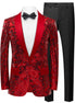 Red patterned suit jacket with black bow tie and pants on a mannequin.