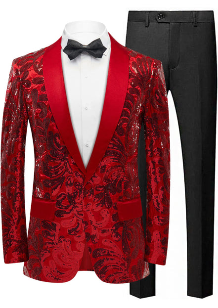 Red patterned suit jacket with black bow tie and pants on a mannequin.